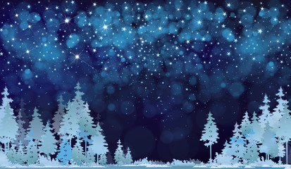 Obraz premium Vector winter night starry sky and forest background.
