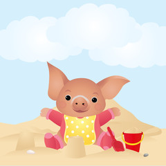 A little pig is building a fortress of sand. Vector illustration.