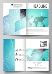 The vector illustration of the editable layout of two A4 format modern cover mockups design templates for brochure, flyer, booklet. Molecule structure, connecting lines and dots. Technology concept.