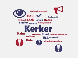 Das Wort - Kerker - abgebildet in einer Wortwolke mit zusammenhängenden Wörtern