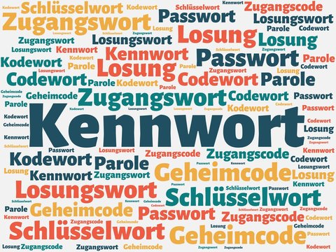Das Wort - Kennwort - abgebildet in einer Wortwolke mit zusammenh&auml;ngenden W&ouml;rtern