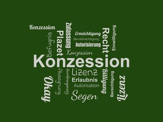 Das Wort - Konzession - abgebildet in einer Wortwolke mit zusammenhängenden Wörtern