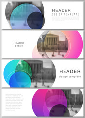 The minimalistic vector illustration of the editable layout of headers, banner design templates. Creative modern bright background with colorful circles and round shapes.