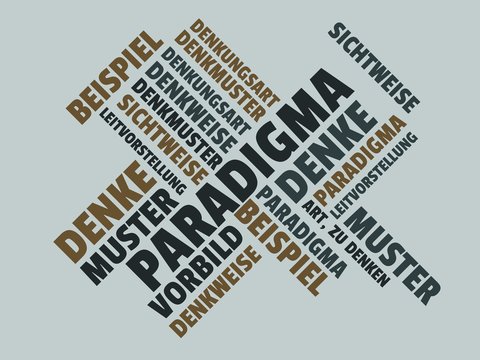 Das Wort - Paradigma - abgebildet in einer Wortwolke mit zusammenh&auml;ngenden W&ouml;rtern