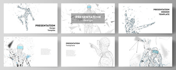 Naklejka na ściany i meble The minimalistic abstract vector illustration of the editable layout of the presentation slides design business templates. Man with glasses of virtual reality. Abstract vr, future technology concept.