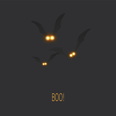 Happy Halloween Card Template - Flying Bats with Glowing Eyes in The Dark - Vector Illustration