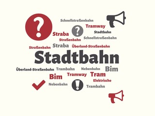 Das Wort - Stadtbahn - abgebildet in einer Wortwolke mit zusammenhängenden Wörtern