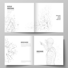 The vector illustration of the editable layout of two covers templates for square design bifold brochure, magazine, flyer, booklet. Technology, science, future concept abstract futuristic backgrounds.