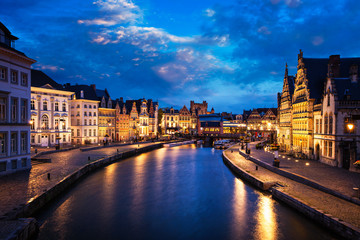Fototapeta premium Graslei street and canal in the evening. Ghent, Belgium