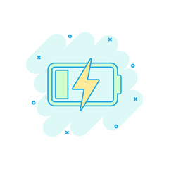 Vector cartoon battery charge level indicator sign icon in comic style. Battery sign illustration pictogram. Accumulator business splash effect concept.