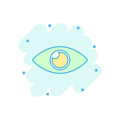 Obraz premium Vector cartoon eye icon in comic style. Eyeball look sign illustration pictogram. Eye business splash effect concept.