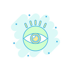 Vector cartoon eye icon in comic style. Eyeball look sign illustration pictogram. Eye business splash effect concept.