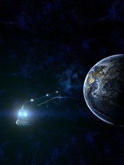Naklejka premium Space Ship Passenger Liner Reaching Earth 3d Illustration