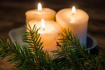 Happy new year and Merry Christmas concept. Christmas tree with new year decoration and bokeh on the wooden background.