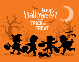 Happy Halloween. Children dressed in Halloween fancy dress to go Trick or Treating.Template for advertising brochure.