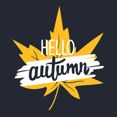 Hand drawn illustration with autumn leaf and lettering. Colorful background vector. Poster design with english text. Hello, autumn, card. Decorative backdrop, good for printing