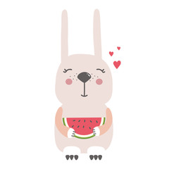 Hand drawn illustration with happy rabbit, watermelon, hearts. Colorful cute background vector. Poster design. Decorative backdrop with english text, animal. Funny card, phrase