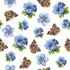 Watercolor seamless pattern of petunias, Scorpion grasses and butterflies.