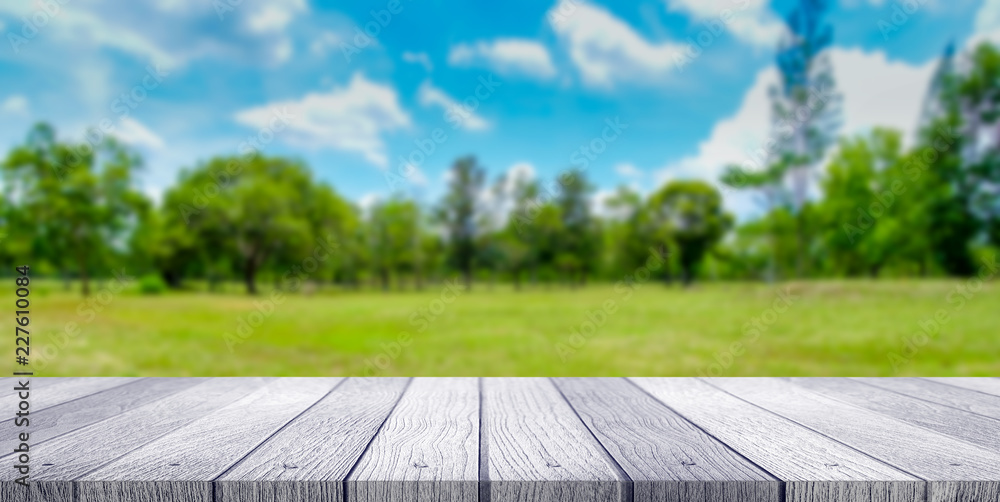 Wall mural wooden tabletop with green park nature blurred background