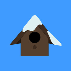 Starling house icon. Winter birdhouse on blue background