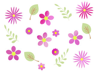 水彩風の葉っぱとピンクの花