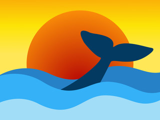 whale swimming on the sea at sunset time. summer season concept. vector illustration.