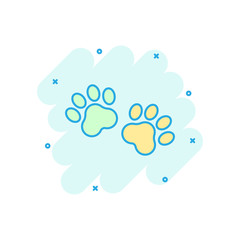 Vector cartoon paw print icon in comic style. Dog or cat pawprint sign illustration pictogram. Animal business splash effect concept.