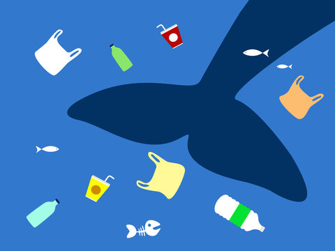 whale with plastic pollution on sea. stop ocean plastic pollution concept. vector illustration.