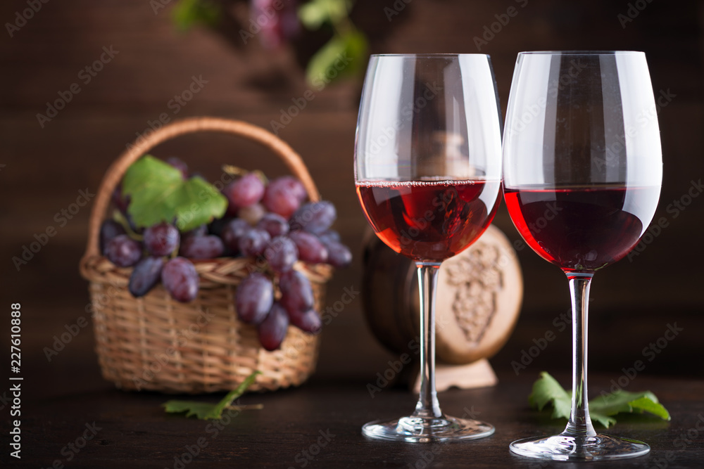 Wall mural red wine. wine. bottle and glasses of red wine with ripe grapes.