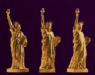 Gold Statue of Liberty Set, New York landmark, American symbol Vector 3D Rendering