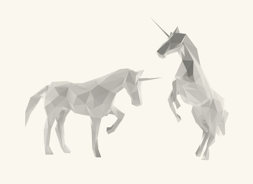 White Unicorn Isolated Vector Illustration Set 3D Low Poly Rendering