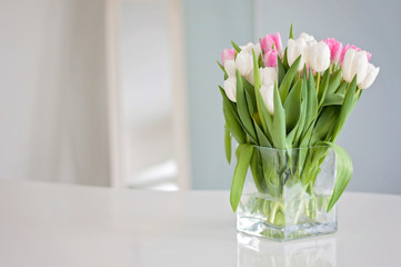 Fototapeta na wymiar White and pink tulips on a white table were used as a Spring decoration background