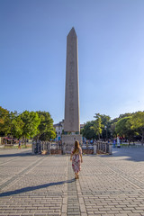 Obelisk of Theodosius or Egyptian Obelisk in ancient Hippodrome near Sultanahmet,Blue Mosque in...
