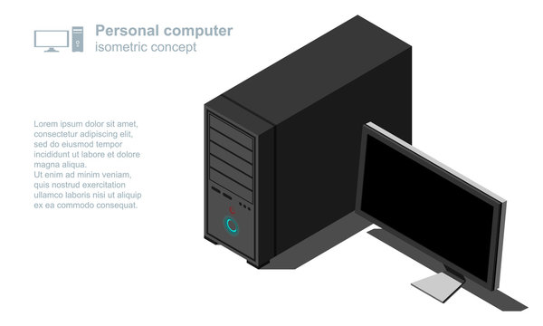Isometric computer case with monitor vector illustration isolated on white background. PC workstation icon.