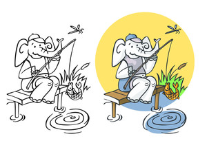 Naklejka premium elephant fisherman on pond