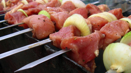 Cooking juicy kebabs on skewers on the grill in the open air