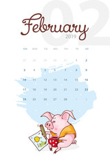 New Year 2019. Creative calendar for February with cute pig. Concept, vector vertical editable template. Symbol of the year in the Chinese calendar. Cartoon. Isolated. Vector illustration