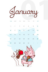 New Year 2019. Creative calendar for January with cute pig. Concept, vector vertical editable template. Symbol of the year in the Chinese calendar. Cartoon. Isolated. Vector illustration
