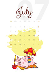 New Year 2019. Creative calendar for July with cute pig. Concept, vector vertical editable template. Symbol of the year in the Chinese calendar. Cartoon. Isolated. Vector illustration