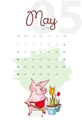 New Year 2019. Creative calendar for May with cute pig. Concept, vector vertical editable template. Symbol of the year in the Chinese calendar. Cartoon. Isolated. Vector illustration