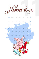 New Year 2019. Creative calendar for November with cute pig. Concept, vector vertical editable template. Symbol of the year in the Chinese calendar. Cartoon. Isolated. Vector illustration