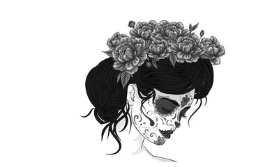 dia de los muertos day of the dead mexican holiday festival vector poster banner and card with, anta muerte woman make up sugar skull girl face with flowers wreath hand drawn