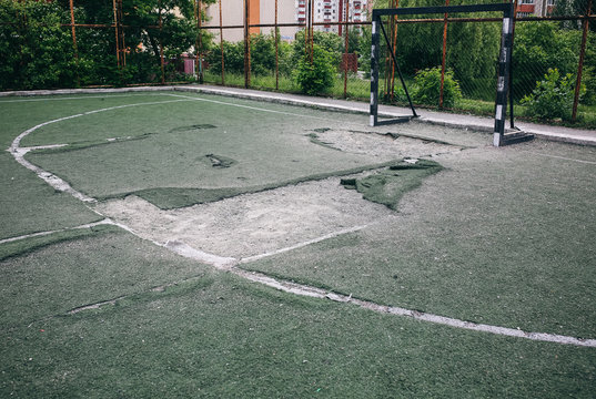 Old Abandoned Football Pitch. Urban Photo Of Destruction.