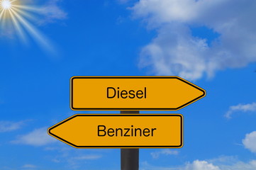 Zwei Pfeile und Entscheidung zwischen Diesel und Benziner beim Autokauf
