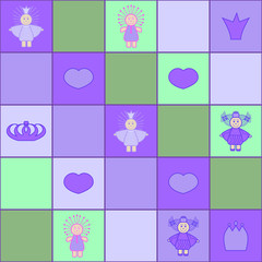 Seamless children's pattern with princesses, crowns and hearts. For children's clothing, bed linen, paper, notebooks, backgrounds, card, gift paper, wallpapers, diapers, sheets. Vector EPS8