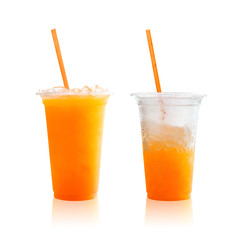 Orange juice in plastic glass isolated on white background. Healthy drink with sweet and sour taste. ( Clipping paths or cut out object for montage )