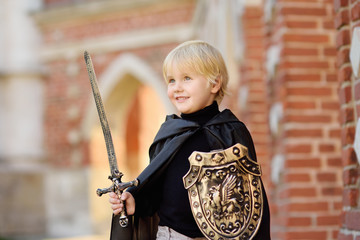 Portrait of a cute little boy dressed as a medieval knight