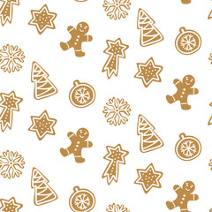 Fototapeta na wymiar Cute Hand drawn seamless pattern with cookie. Gingerbread on white background repeating wallpaper. Vector design for Christmas season.