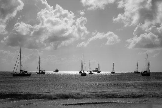 Fototapeta Yachts are anchored in the Carlisle bay of the Caribbean island of Barabados. Black and white photography.