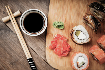 Sushi set served on a board